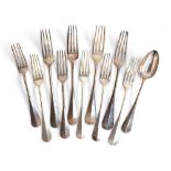 Ten silver Hanoverian pattern forks (four larger, six smaller), together with a matching silver