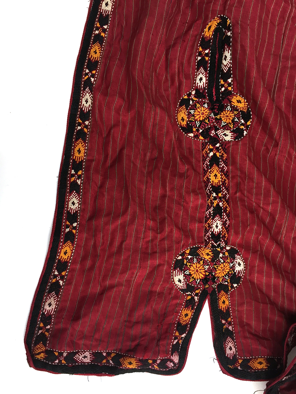 Two silk Tekke Turkman coats, early 20th century, both of hand woven red striped silk, one with - Image 3 of 5