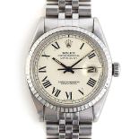A GENTLEMAN'S STAINLESS STEEL ROLEX OYSTER PERPETUAL DATEJUST 'BUCKLEY' DIAL BRACELET WATCH