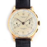 A GENTLEMAN'S 18CT ROSE GOLD CHRONOGRAPHE OLYMPIC WRIST WATCH CIRCA 1950s, SILVERED DIAL