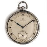 A STAYBRIGHT STEEL OMEGA POCKET WATCH DATED 1934. Movement: 15J, manual wind, cal 575L-15