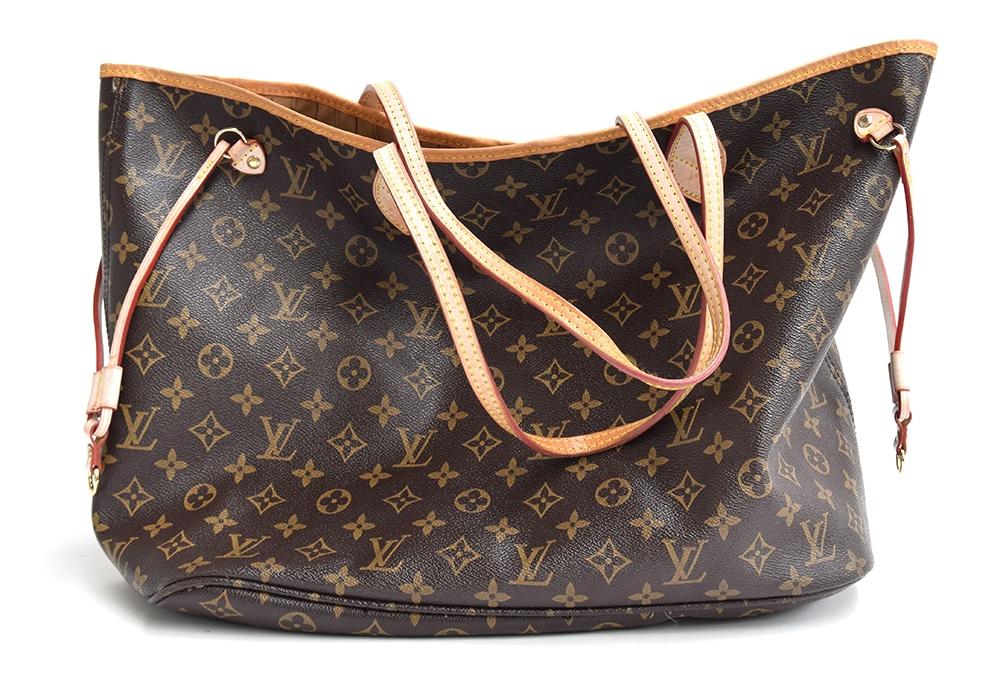 Louis Vuitton monogram 'Neverfull' tote bag with tan leather trim and handles, clean fabric interior