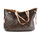 Louis Vuitton monogram 'Neverfull' tote bag with tan leather trim and handles, clean fabric interior