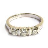 An 18ct white gold ring with 3 old cut diamonds totaling approx 1ct, size Q, gross weight 4g