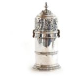 A Queen Anne silver sugar caster, maker's mark AF, London 1708, straight cylindrical form, central