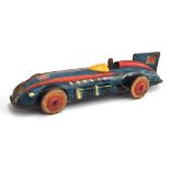 A Wells Brimtoy clockwork tinplate Racing Car - circa 1951, blue, black/red trim, cream/red wheels