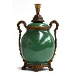 A French two handled ormolu mounted green ceramic vase table lamp, 35cmH Provenance: from the estate