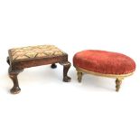 A Louis XVI style oval foot stool, upholstered in red velvet, on giltwood turned legs, together with