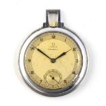 A STAINLESS STEEL OMEGA POCKET WATCH CIRCA 1930s, TWO - TONE DIAL, subsidiary dial for constant