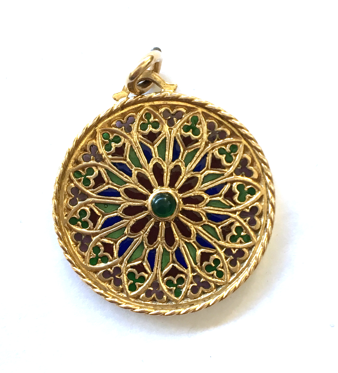 Gold pendant with faded marks (tests as 18ct) in a round filigree form inset with stones/glass - Image 2 of 2