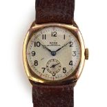 A GENTLEMAN'S GOLD PLATED RONE SPORTSMAN'S WRIST WATCH CIRCA 1940s, SEGMENTED DIAL, ARABIC NUMERALS,