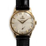 A GENTLEMAN'S 9CT GOLD OMEGA GENEVE WRIST WATCH DATED 1956, SILVER TWO-TONE CROSS HAIR DIAL,