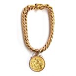 A 9ct gold curb link bracelet with a 1900 gold sovereign, gross weight 28g