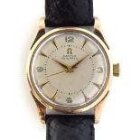 A GENTLEMAN'S GOLD FILLED OMEGA WRIST WATCH DATED 1947, REF 2582-6, SILVERED DIAL, ARROW HEAD