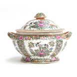 A Chinese Qing dynasty famille verte twin handled tureen and cover, six red character marks to base,