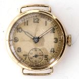 A 9CT GOLD SWISS MADE WRIST WATCH Arabic numerals with sub second dial. Movement: 15J