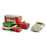 A tinplate 'Side Dump' dumper truck, a 'Fast Freight' lorry, and a toy sport's car