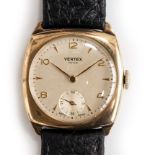 A GENTLEMAN'S 9CT GOLD VERTEX REVUE WRIST WATCH CIRCA 1950s. Movement: 15J, manual wind, cal 59,