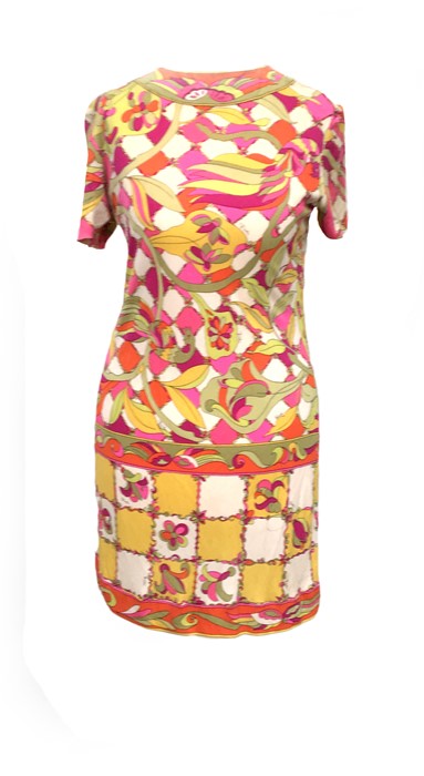 1960s silk jersey mini dress from Emilio Pucci, for Saks, Fifth Avenue, bird of paradise design in