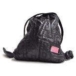 Black nylon backpack from Marc Jacobs, quilted with the letters of the brand, bright pink interior