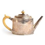 A George III silver straight-sided oval tea pot by Hester Bateman, London 1787, with bone finial and