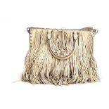 White leather fringed handbag from Prada, opening in two sections, one zipped with zipped interior