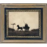 A Regency reverse glass painted silhouette, circa 1800, of horse and buggy , the passengers on their