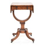 A Regency burr walnut sewing table, the top with two drop ends, single drawer and blind drawer,