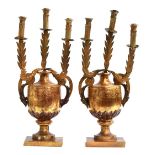A pair of Venetian giltwood 'urn' three-light candelabra, fitted for electricity, 62cmH