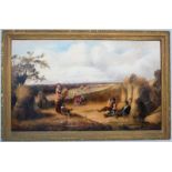 English School, 19th Century, A Harvest Scene with gleaners resting in the foreground and a