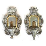 A pair of Italian parcel gilt and silver gesso wall sconces, fitted for electricity, each 59cmH