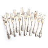 A set of 12 silver fiddle and thread pattern table forks, by William Eley, William Fearn & William