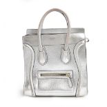 Silver Celine micro luggage handbag in laminated lambskin, interior and exterior zipped pockets,