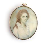 Attributed to Charles Robertson. Miniature portrait of a lady, bust-length, with long curly hair, in
