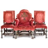 A harlequin set of six William and Mary style silvered wood upholstered dining chairs, two