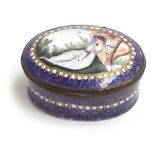 A Staffordshire oval enamel path box, the cover painted with a lady reclining against a tree