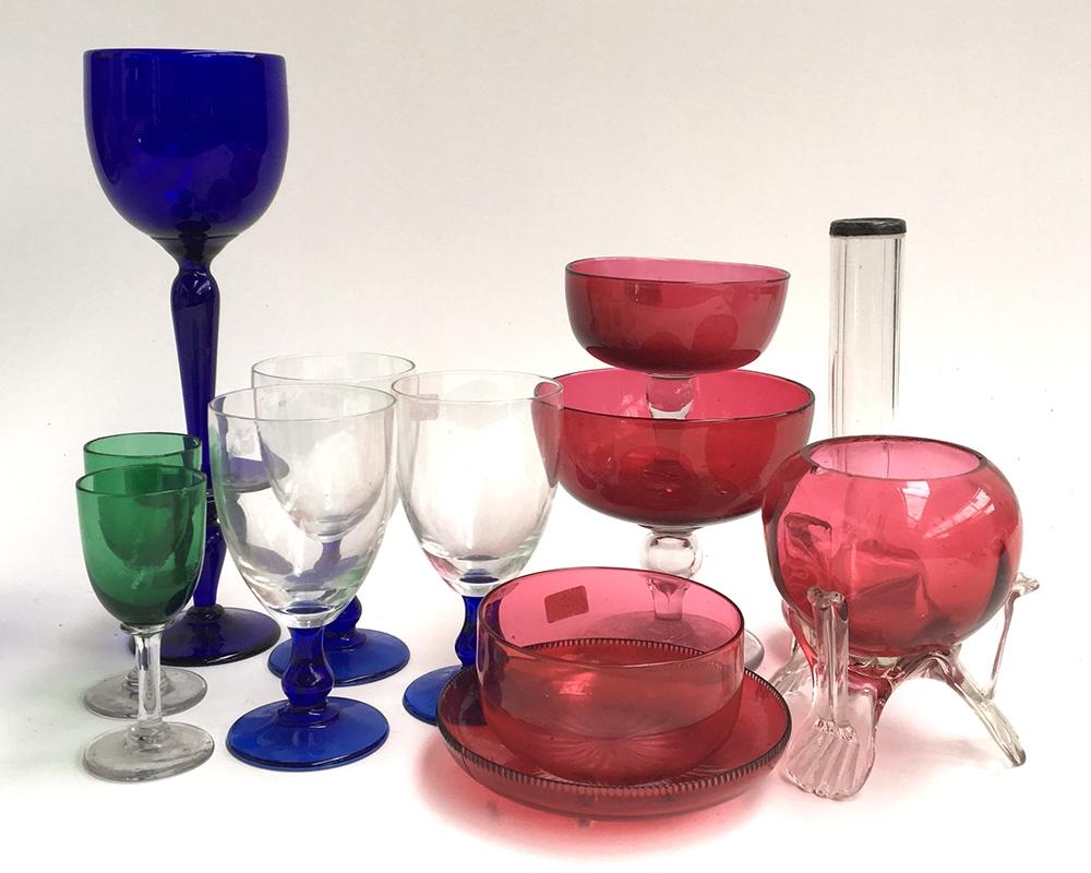 A small lot of coloured glassware, to include a Victorian cranberry glass 'trifid', two cranberry