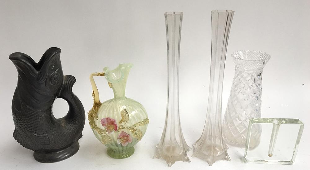 A milk glass spill vase with floral decoration 20.5cmH; together with a Dartmouth glug jug 23cmH,