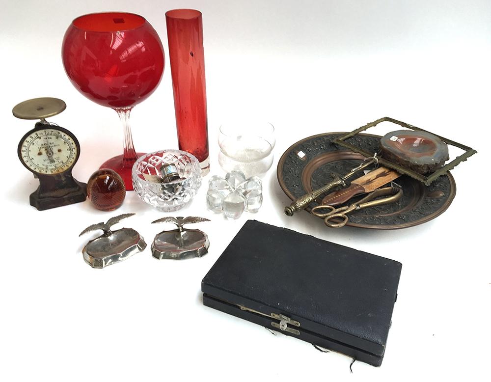 A mixed lot to include a red Murano glass bowl, red glass vase, various other glass items, a pair of