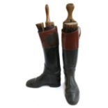 A pair of David Davies black leather gent's hunting boots with mahogany leather tops, with wooden