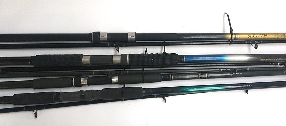 Various sea fishing rods, including an Abu Garcia 500 10' boat rod; a Saracen 12' beach caster; a