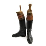 A pair of gent's top boots, with champagne tops, approximately size 8, with Maxwell of London wooden