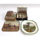 A set of 6 glass topped table mats and coasters with one other depicting foxhunting scenes; a