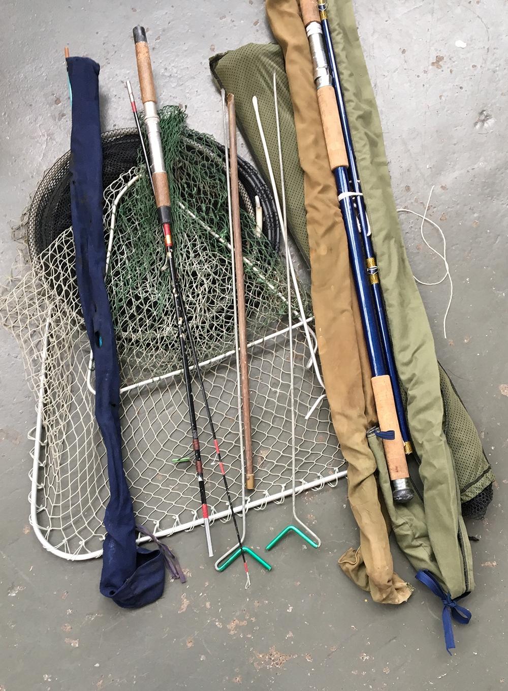 Three vintage coarse fishing landing nets, a keep net, bank sticks and rod rests together with two