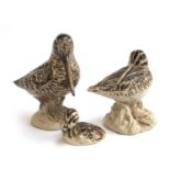 A group of ceramic sculptures including a woodcock and chick, and a snipe (3)