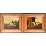 A pair of paintings depicting huntsman with horse and hounds, each 14x18cm