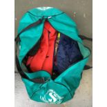 A bag of diving/sailing accessories, to include lines, wetsuit shoes, net, inflatable life jacket