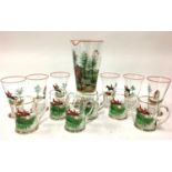 A 20th century hand painted set of glasse and jug, decorated with hunting scenes