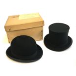 A Tress & Co., London black silk opera hat, together with a Lock & Co. black bowler in Lock & Co. br