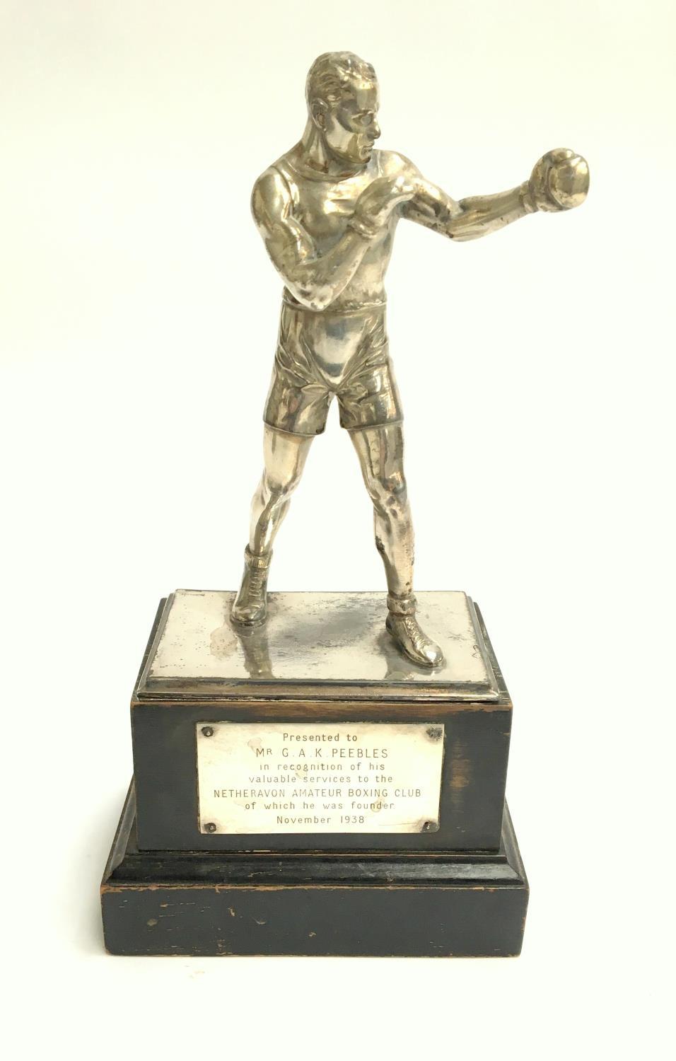 A plated boxing trophy for valuable services to the Netheravon Amateur Boxing Club, November 1938,